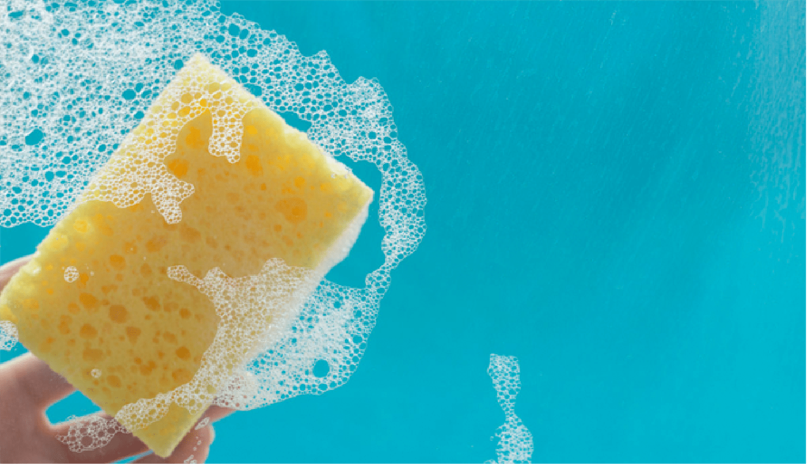 Soapy yellow sponge on blue background