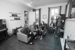 employees socializing in the office living room